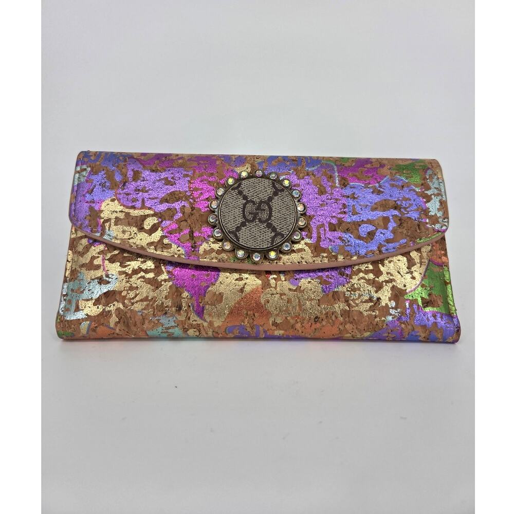 NEW Sandra Ling Upcycled GG Wallet Rainbow Foil Metallic Leather Cork Holo